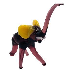 VTG BLOWN GLASS MINIATURE ELEPHANT FIGURINE Amethyst Purple Yellow Ears Trunk Up